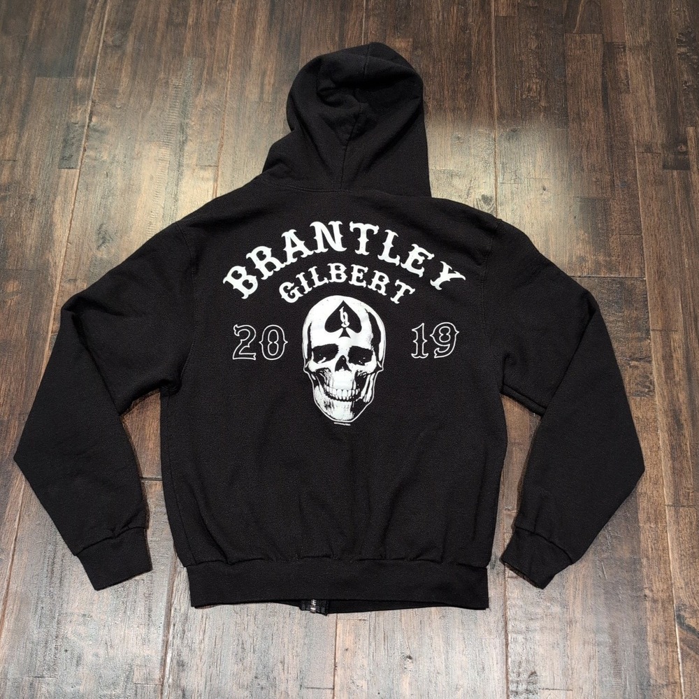 Brantley Gilbert 2019 Tour Skull Graphic Full Zip Hoodie Black White Adult Small